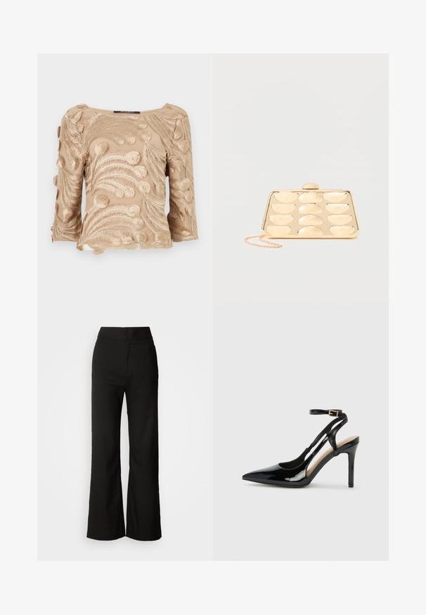 Beige sheer blouse met ingewikkelde geborduurde varenachtige patronen, met driekwart mouwen en een rechte halslijn.; Zwarte wijde broek met een gladde textuur, hoge taille en een strakke uitstraling. Geen zichtbare zakken of versieringen.; Zwarte lakleren hoge hak slingback schoenen met spitse neus, verstelbare enkelband en open zijkanten. Gladde textuur.; Gouden clutch met afgerond rechthoekig reliëfpatroon en een kleine kettingriem op een effen achtergrond.