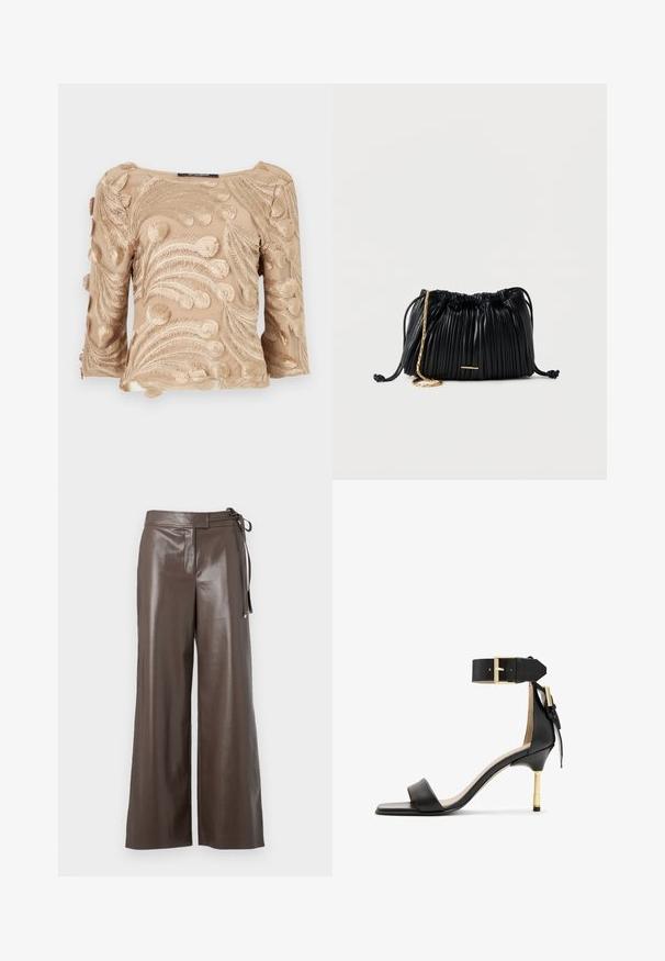 Beige sheer blouse met ingewikkelde geborduurde varenachtige patronen, met driekwart mouwen en een rechte halslijn.; Bordeaux faux leren wijdere schoenen met hoge taille en zijstrikdetail op een witte achtergrond.; Zwarte leren sandalen met hak en vierkante neus, enkelband met een gouden gesp en een slanke metalen hak. Soepele textuur, minimalistisch ontwerp.; Zwarte plissé leren handtas met trekkoord, gouden kettingriem en een klein horizontaal gouden accent aan de voorkant.