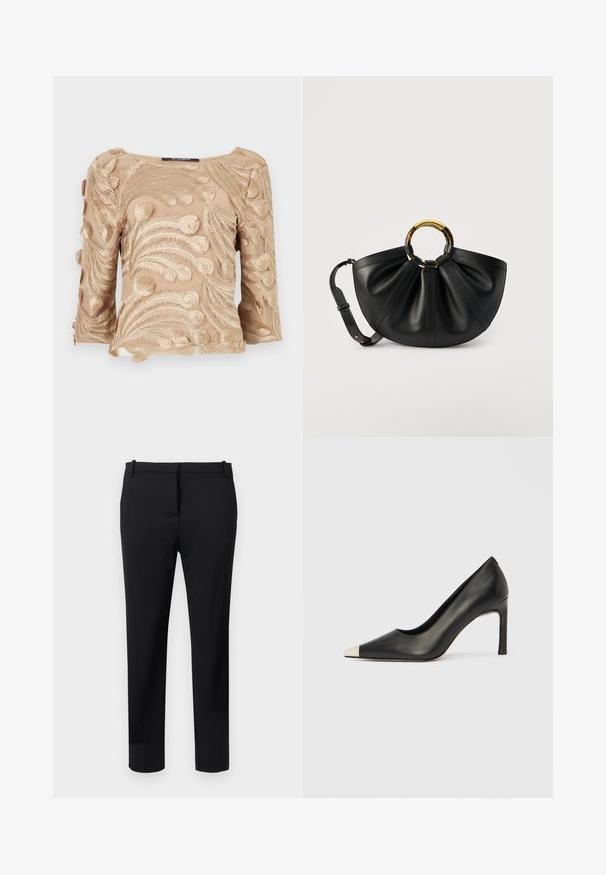 Beige sheer blouse met ingewikkelde geborduurde varenachtige patronen, met driekwart mouwen en een rechte halslijn.; Zwarte slim fit pantalon met riemlussen, voorvouw en een getailleerd silhouet tegen een lichte achtergrond.; Zwarte leren hoge hak met een spits toelopende neus en een metalen zilverkleurige kap. Heeft een gladde afwerking en een slanke hak van 10 cm.; Zwarte leren handtas met een brede, geplooide lichaamsvorm, cirkelvormige handvatten van schildpadmotief en een verstelbare schouderriem op een neutrale achtergrond.