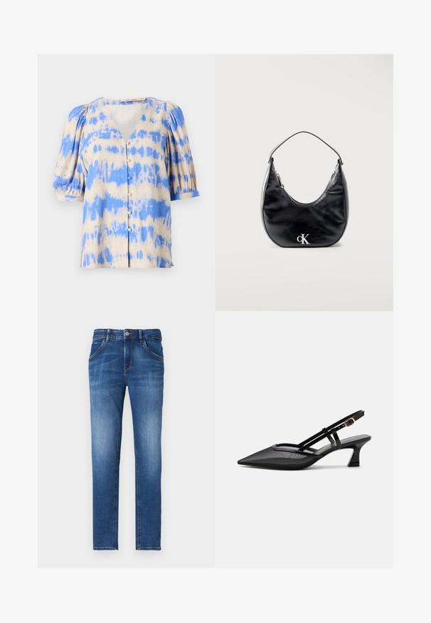 Kortærmet bluse med v-udskæring i beige og blå tie-dye mønster, med pufærmer og knaplukning foran. Fremstillet af letvægtsstof.; Slim-fit blå denimjeans med en falmet finish, fem lommer, frontlukkebutton og kontrasterende syninger.; Sort spids tå slingback-sko med mesh-øverdel, tynde stropper, guldlås og lav buet hæl på hvid baggrund.; Sort lædertaske i halvmåneform med kort strop og sølvfarvet "cK"-logo foran, lynlåslukning i toppen.