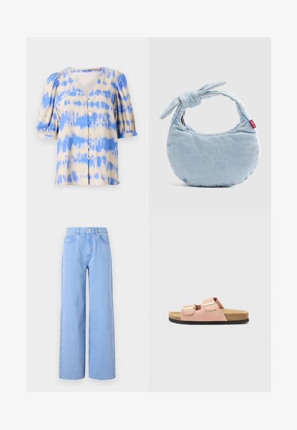 Kortærmet bluse med v-udskæring i beige og blå tie-dye mønster, med pufærmer og knaplukning foran. Fremstillet af letvægtsstof.; Lyseblå brede denimjeans. Har en tætsiddende talje med bælte-løkker og frontlommer, sømdetaljer og en ren kant.; Lyserøde ruskindsandaler med to justerbare stropper, der har guldspænder, samt en lys brun korkfodbed og sort gummisål.; Lyseblå denim skuldertaske med knudedetalje på håndtaget og en lille rød Levi's-mærkat på siden.