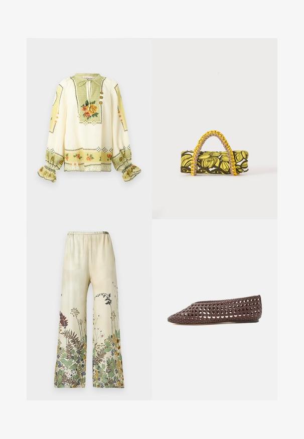 Blouse crème à manches longues avec imprimé floral jaune et orange, poignets froncés à volants et col à nouer avec boutons décoratifs.; Pantalon à jambes larges en tissu léger, avec un fond beige orné d'imprimés botaniques multicolores en vert, rouge et jaune. Taille élastique.; Chaussure plate marron avec un motif ajouré tissé et un bout rond fermé, vue de profil sur un fond clair.; Sac rectangulaire avec motif floral jaune et noir et anse tressée jaune et rose sur fond blanc.