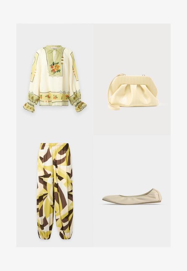 Blouse crème à manches longues avec imprimé floral jaune et orange, poignets froncés à volants et col à nouer avec boutons décoratifs.; Pantalon ample avec taille et poignets élastiques, présentant un motif abstrait dans des tons jaunes, marron, beige et blanc.; Ballerine beige en cuir souple avec bout arrondi, profil latéral bas et semelle fine en caoutchouc sur fond blanc uni.; Pochette en cuir couleur crème avec un cadre supérieur structuré et une lanière pour poignet, présentée sur un fond clair uni.