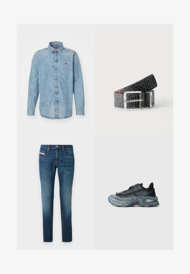 Chemise en denim bleu clair avec des manches longues, un col pointu et une fermeture à boutons. Présente un petit logo rouge sur le côté gauche de la poitrine.; Jean en denim bleu foncé avec un léger délavage, coupe droite, cinq poches et des détails de couture contrastés.; Baskets Diesel noires et grises avec semelle épaisse, système de laçage à bascule et design texturé sur fond gris clair uni.; Ceinture noire Diesel avec grand texte logo blanc, boucle rectangulaire en argent, et détail de boucle métallique brandée, enroulée sur un fond clair.