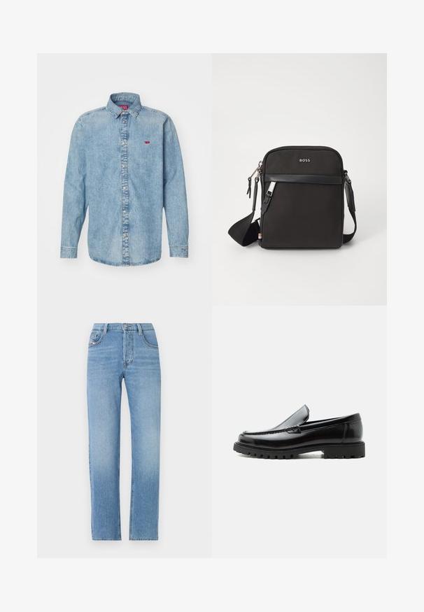 Chemise en denim bleu clair avec des manches longues, un col pointu et une fermeture à boutons. Présente un petit logo rouge sur le côté gauche de la poitrine.; Jeans en denim bleu clair avec une coupe droite, fermeture à bouton, style cinq poches et texture légèrement décolorée. Silhouette de jean classique.; Mocassin en cuir noir avec semelle en caoutchouc épaisse, dessus cousu et nom de marque embossé sur le talon, présenté de profil sur fond blanc.; Sac bandoulière noir en tissu texturé, avec un logo sur le devant, fermeture éclair et une bandoulière réglable. Finitions en cuir lisse.