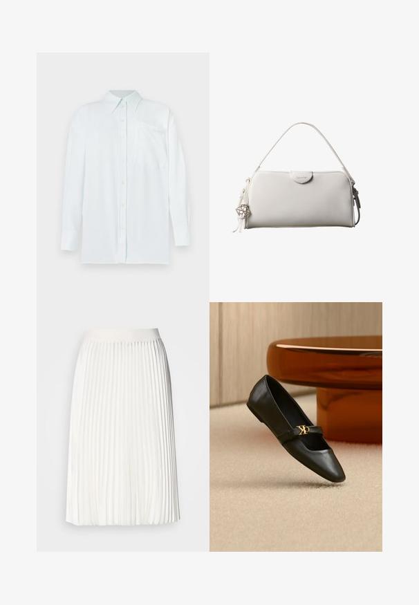 Camisa de botones de color azul claro con cuello, mangas largas y un bolsillo en el pecho. La tela parece suave con una textura sutil; presenta botones amarillos.; Falda blanca plisada con una cinturilla suave, diseño a la altura de la rodilla, que presenta una textura fluida y pliegues verticales consistentes.; Zapato plano de cuero negro con puntera puntiaguda y logo dorado de CK en la correa, colocado sobre una alfombra beige cerca de una mesa redonda marrón ámbar.; Bolso rectangular blanco de Calvin Klein con un solo asa, diseño minimalista y borlas decorativas con un charm metálico geométrico en el lateral.
