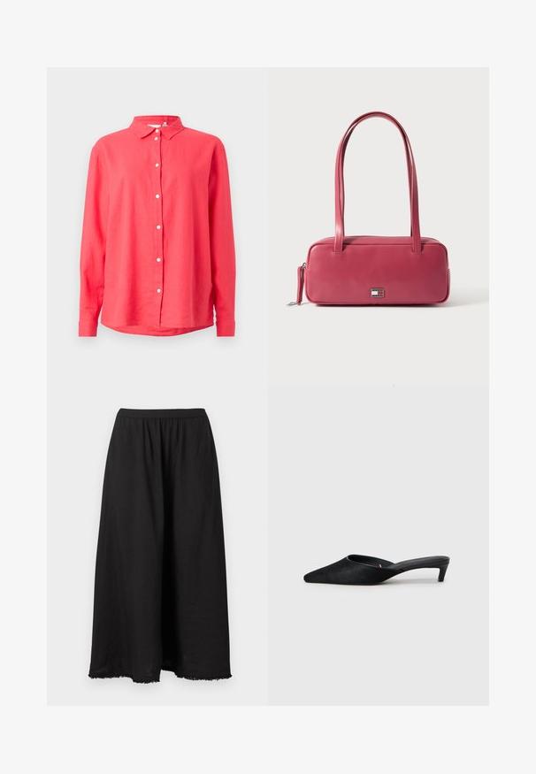 Chemise corail rose à manches longues avec col, sept boutons blancs et un ourlet légèrement arrondi sur un fond clair.; Pantalon noir à jambes larges avec taille élastique et ourlet effiloché, présenté sur un fond clair uni.; Mules en daim noir avec un bout pointu et un petit talon. Caractéristiques d'une texture lisse et d'un dos ouvert pour un enfilage facile. Design simple sans motifs.; Sac à main en cuir rose de forme rectangulaire, avec deux anses et un petit emblème en métal sur le devant, présentant une texture lisse et brillante.