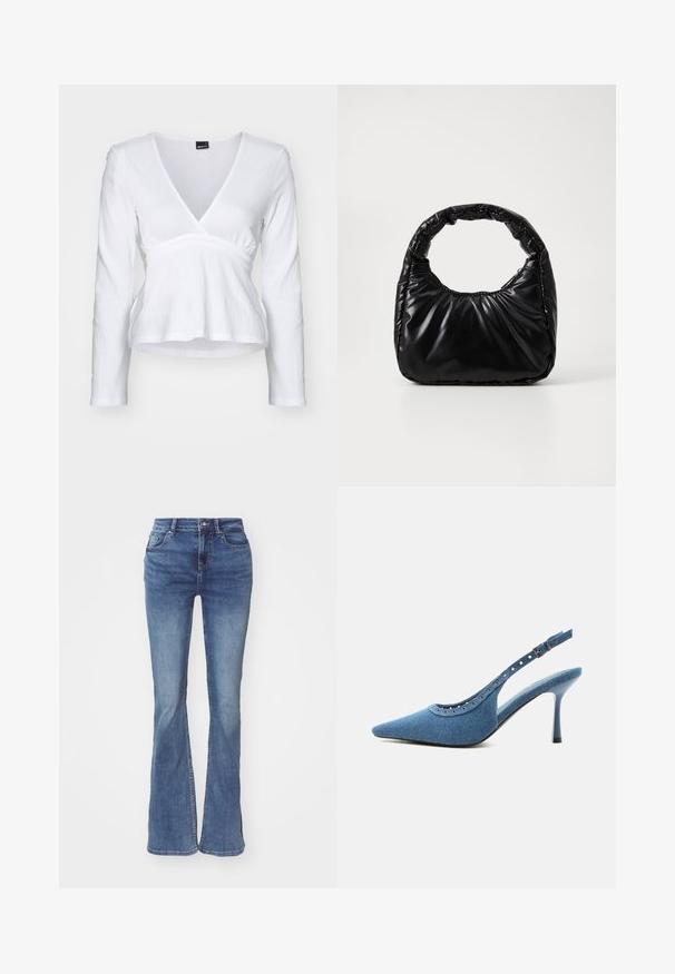 Hvid langærmet top med V-hals, sammensnøret talje og struktureret stof. Enkel design, blødt materiale og ensfarvet.; Bredde denimjeans i lyse til mellemblå vask, med fem-lommer design, bæltesløjfer og lynlås med metalknap lukning.; Blå denim spids tå slingback sko med høj hæl, sølv øjendesign og justerbar spænde.; Sort polstret håndtaske med et rundt håndtag, der har en glat, skinnende overflade og en blød, kviltet tekstur. Ingen synlige hardware eller accenter.