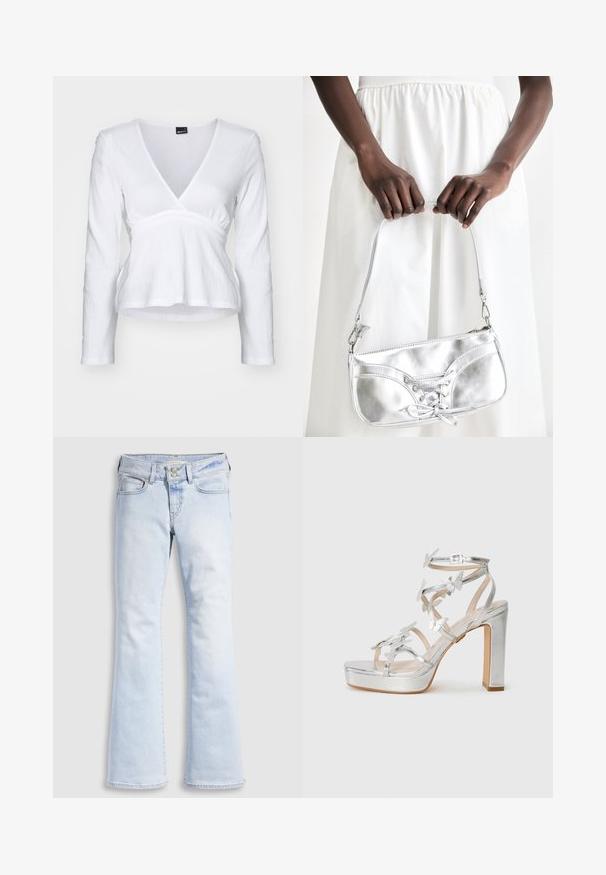 Haut blanc à manches longues avec décolleté en V, taille froncée et tissu texturé. Design simple, matériel doux et couleur unie.; Jean évasé en denim bleu clair à taille haute, avec fermeture à boutons, cinq poches et un léger effet froissé au niveau des hanches.; Sandale à talons hauts en argent avec des accents de papillon, des sangles ajustables et un talon épais avec une semelle à plateforme. Fini métallique lisse.; Sac à main en métal argenté avec un détail à lacets, arborant un design épuré et une courte sangle. Le sac est tenu dans les mains, mettant en valeur sa texture.