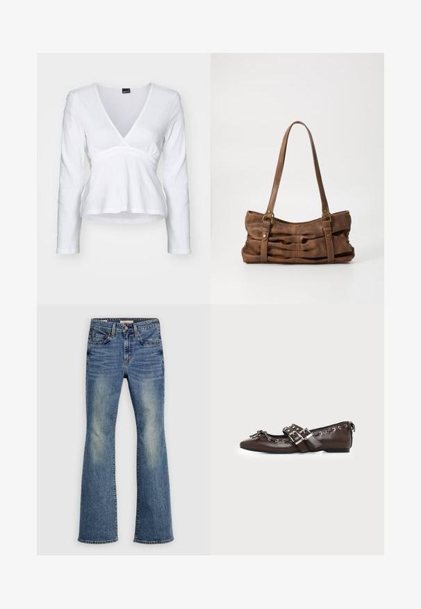 Haut blanc à manches longues avec décolleté en V, taille froncée et tissu texturé. Design simple, matériel doux et couleur unie.; Jean en denim bleu évasé avec décoloration légère, design à cinq poches, ferrures métalliques et ourlets cousus, présentant une coupe classique et une texture lisse.; Chaussure plate en cuir marron foncé avec bout pointu, doubles brides à boucles argentées, œillets métalliques et nœud décoratif à l'avant.; Even&Odd by Zalando Sac à main - brown