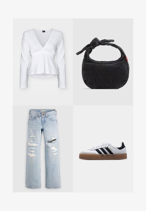 Hvid langærmet top med V-hals, sammensnøret talje og struktureret stof. Enkel design, blødt materiale og ensfarvet.; Lyseblå denimjeans med afslappet pasform, slidte detaljer med revner og flossede kanter. Klassisk design med fem lommer.; Hvide lædersneakers med sorte striber, gummirubber sål, rund tå, snørelukning og blød grå ruskinds tåhætte.; Lille sort denim skuldertaske med knyttet rem og lynlåslukning, med en rød Levi's stofetiket på siden.