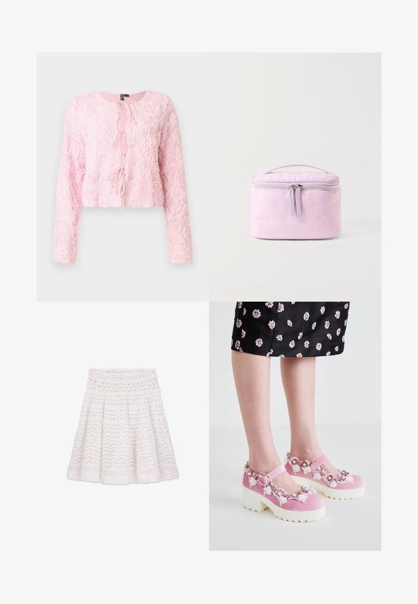 Rosa cropped jakke med lange ærmer, struktureret rosemønster, rund halsudskæring og frontlukning med bånd. Feminin design med blødt, lagdelt stof.; Hvid blonder knælængde nederdel med blomstret og zigzag mønster, elastisk taljebånd og bølget kant.; Lyserøde fløjl Mary Jane-sko med hvide platformssåler, pyntet med blomsterapplikationer og blonder omkring åbningen og ankelremmen.; Lavendel rektangulær kosmetikpose med små broderede hjerter, en toplynlås med dobbelte træk og et enkelt håndtag på toppen.