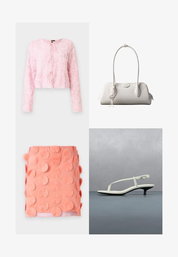 Rosa cropped jakke med lange ærmer, struktureret rosemønster, rund halsudskæring og frontlukning med bånd. Feminin design med blødt, lagdelt stof.; Kort koralpink nederdel med lagdelte cirkulære blomsterapplikationer, der dækker stoffet.; Hvid sandal med stropper og kitten-hæl med spids tå, svævende over et trægulv udendørs med en sløret plante og væg i baggrunden.; Hvid Calvin Klein skuldertaske med lange håndtag, rektangulær form, lynlåslukning og dekorativt logohæng tæt på håndtaget.