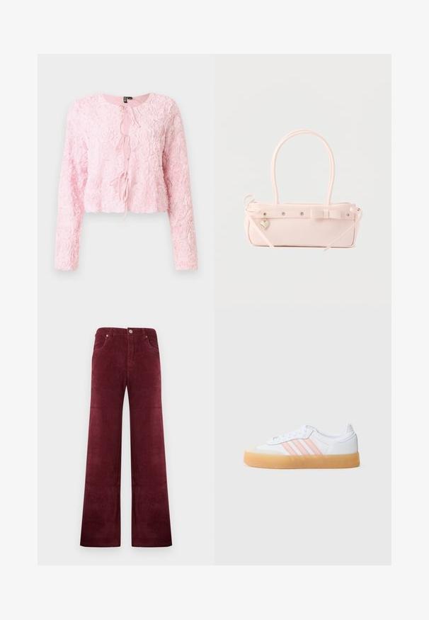 Chaqueta rosa corta con mangas largas, patrón de rosa texturizado, escote redondo y cierre delantero con lazo. Diseño femenino con tela suave y en capas.; Pantalones de pana burdeos de pierna ancha con cintura alta, cierre delantero con botón y cremallera, y bolsillos delanteros.; Zapatillas blancas con rayas rosas, suela de goma y puntera de ante. Cuentan con cierre de cordones y materiales texturizados en la parte superior.; Bolso rectangular de color rosa pálido con doble asa, lazo decorativo, ojales metálicos y un pequeño colgante en forma de corazón sobre un fondo liso.
