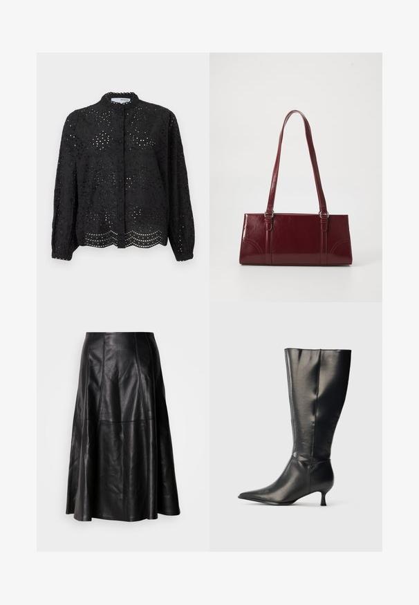 Zwarte blouse met knoopsluiting en lange mouwen, met een ingewikkeld gaatjesontwerp en een scalloped zoom. Gemaakt van lichtgewicht stof met een textuur. ; Zwarte leren rok met een uitlopende silhoët, voorzien van zichtbare stiksels en een gladde textuur. Middellange ontwerp met een klassieke snit.; Zwarte leren kniehoge laars met puntige neus en lage kittenhak, weergegeven op een effen lichte achtergrond.; Bourgondische handtas van glanzend materiaal, rechthoekige vorm, met twee schouderbanden en subtiele gebogen accenten aan de voorkant.