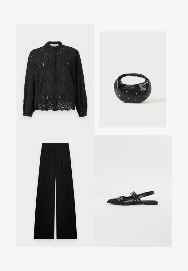 Zwarte blouse met knoopsluiting en lange mouwen, met een ingewikkeld gaatjesontwerp en een scalloped zoom. Gemaakt van lichtgewicht stof met een textuur. ; Zwarte wijde broek met hoge taille en voorplooien, plat liggend op een lichte achtergrond.; Even&Odd Slingback ballerina´s - black; Zwarte leren handtas met een afgeronde vorm, versierd met zilveren studs, en een korte handgreep. Gladde textuur en ritsluiting.