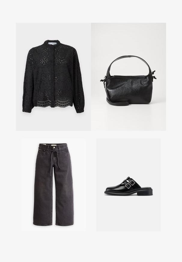 Sort skjorte med lange ærmer, der har en indviklet hulmønster og scallop kant. Fremstillet af letvægtsstof med en struktureret overflade.; Sorte vide ben jeans lavet af denim, med snørre i taljen, fem lommer og detaljer med kontrastsyninger. Flad frontdesign.; Sort læder slip-on sko med to sølvspænder, åbne sider, rund tå og lav stablet hæl, vist i profil på hvid baggrund.; Sort læderhåndtaske med et struktureret design, rund tophåndtag og aftagelig skulderrem. Den har en glat tekstur og en subtil glans.