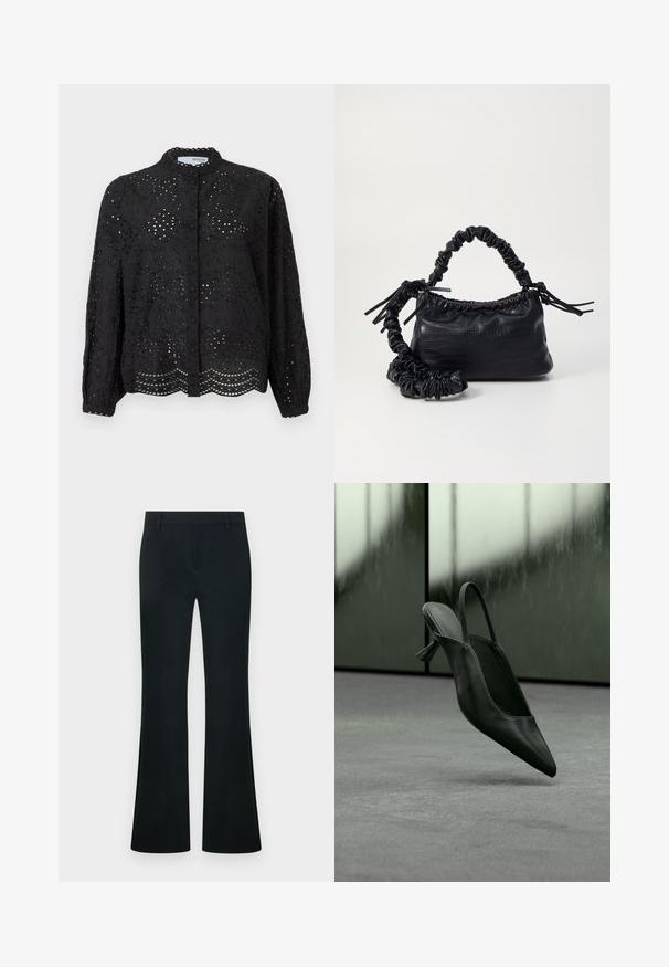 Zwarte blouse met knoopsluiting en lange mouwen, met een ingewikkeld gaatjesontwerp en een scalloped zoom. Gemaakt van lichtgewicht stof met een textuur. ; Zwarte hoge taillebroek met uitlopende pijpen, riemlussen en een verborgen sluiting aan de voorkant, weergegeven op een effen achtergrond.; Zwarte leren slingback pumps met hoge hak en spits toelopende neus zwevend boven een grijs tapijtvloer, wazige groenachtige muur op de achtergrond.; Zwarte nepleer handtas met een krokodillenstructuur, opgedroogde bovenkant en een gekreukte hengsel. Het lijkt zacht en compact van ontwerp.