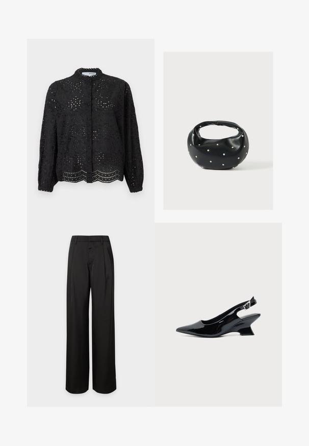 Zwarte blouse met knoopsluiting en lange mouwen, met een ingewikkeld gaatjesontwerp en een scalloped zoom. Gemaakt van lichtgewicht stof met een textuur. ; Zwarte, hooggetailleerde wijde broek met riemlussen en voorplooien, afgebeeld tegen een effen lichte achtergrond.; Zwarte lakleren slingback schoen met spitse neus en lage schuine blokhak op een effen lichte achtergrond.; Zwarte leren handtas met een afgeronde vorm, versierd met zilveren studs, en een korte handgreep. Gladde textuur en ritsluiting.