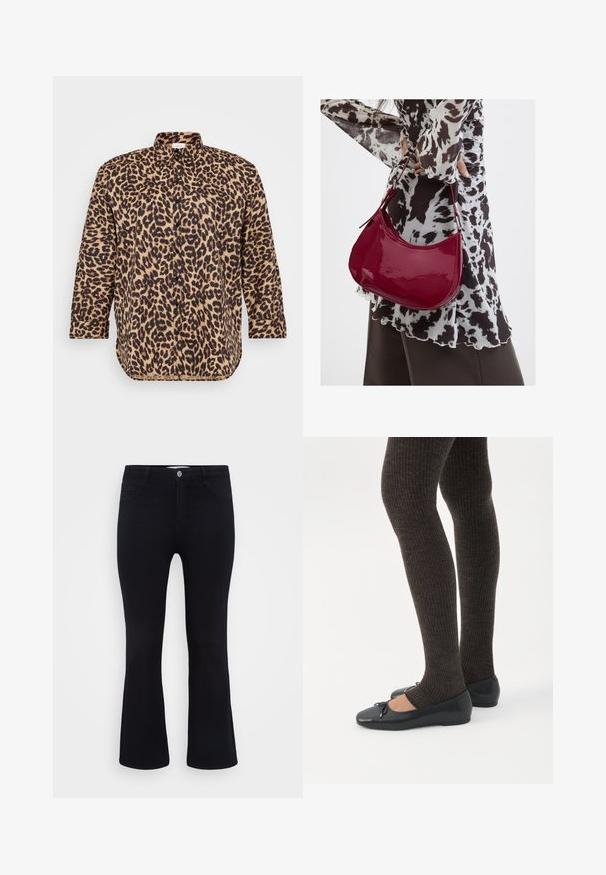 Halenka s leopardím vzorom, hnedo-čiernej farby, s klasickým golierom, dlhými rukávmi a voľným strihom so mierne zakriveným lemom.; ONLY Carmakoma Flared fit CARTHUNDER Mid waist - Zvonové džínsy - black denim; Nohy v tmavých pásikavých legínach v kombinácii s čiernymi balerínkami s malými mašličkami na bielom pozadí.; Žena v čierno-bielom vzorovanom blúzke drží lesklú červenú kabelku cez rameno na jednofarebnom pozadí.