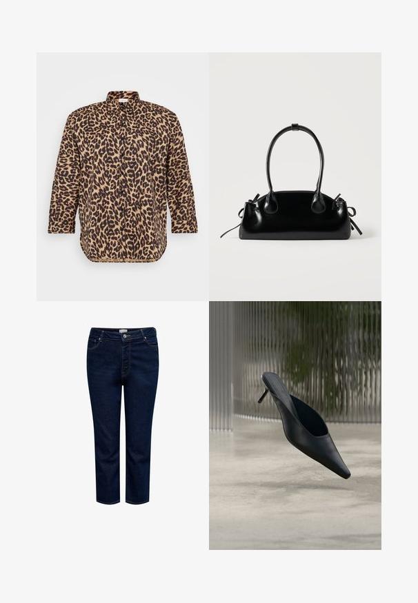 Halenka s leopardím vzorom, hnedo-čiernej farby, s klasickým golierom, dlhými rukávmi a voľným strihom so mierne zakriveným lemom.; Tmavomodré rovné džínsy z denimu s gombíkovým a zipsovým zapínaním, prednými a zadnými vreckami a oranžovými švami.; Čierne dámske mule s ostrou špičkou a tenkým vysokým podpätkom, ktoré plávajú nad hladkou betónovou podlahou, s rozmazaným vertikálnym pruhovaným pozadím.; Malá čierna lesklá kabelka s dvoma dlhými rúčkami a bočnými šnúrkovými detailmi na jednoduchom svetlom pozadí.
