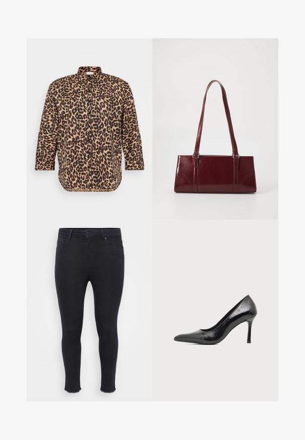 Leopardprint skjorte med knaplukning i tan og sort, med klassisk krave, lange ærmer og en afslappet pasform med en let buet kant.; Sorte tætsiddende jeans lavet af denim med en frynset kant ved anklen, to forlommer og en knaplukning i taljen.; Sort laklæder damestilet med spids tå og slank hæl på en ensartet lys baggrund.; Bordeaux håndtaske lavet af glansfuldt materiale, rektangulær form, med to skulderremme og subtile buede detaljer på forsiden.