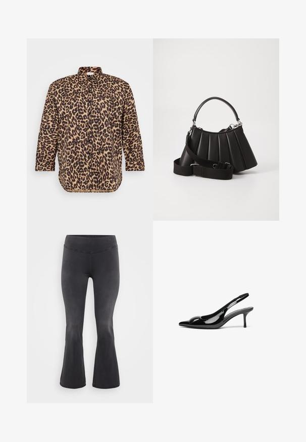 Halenka s leopardím vzorom, hnedo-čiernej farby, s klasickým golierom, dlhými rukávmi a voľným strihom so mierne zakriveným lemom.; ONLY Carmakoma Flared fit CARROYAL Mid waist - Zvonové džínsy - washed black; Čierne patentkové lodičky s otvorenou pätou, špicatou špičkou a lesklým povrchom. Majú štíhly opätok a zaoblený detail na nártovej časti.; Čierna plisovaná kabelka s okrúhlou rukoväťou, nastaviteľným popruhom a lesklou textúrou. Obsahuje strieborné kovanie a štruktúrovaný siluetu.
