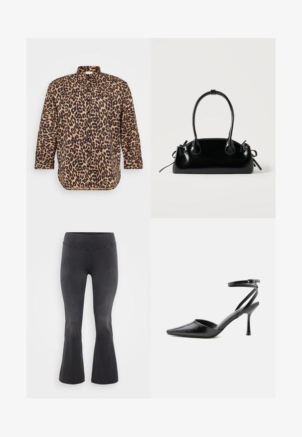 Camisa de botones con estampado de leopardo en tonos marrón y negro, con un cuello clásico, mangas largas y un corte relajado con un dobladillo ligeramente curvado.; ONLY Carmakoma Flared fit CARROYAL Mid waist - Vaqueros a campana - washed black; Zapato de tacón alto negro de punta fina con delgadas correas en el tobillo y cierre de hebilla plateada sobre un fondo liso claro.; Pequeño bolso negro brillante con dos asas largas y detalles de cordón lateral sobre un fondo claro liso.