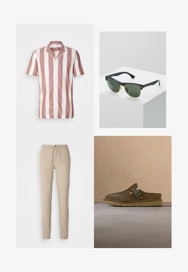 Chemise à manches courtes en tissu léger, ornée de larges rayures verticales rose et blanc, avec un col et des boutons sur le devant.; Pantalon en lin beige avec une coupe droite, une taille élastique avec cordon de serrage et deux poches latérales. Texture lisse et design minimal.; Chaussure en daim vert olive à enfiler avec une boucle métallique et une semelle épaisse couleur fauve, positionnée sur un tapis beige près d'une table ronde en bois.; Lunettes de soleil Ray-Ban avec des verres verts, monture en plastique noir et accents dorés sur les bords. Forme carrée avec une finition mate.