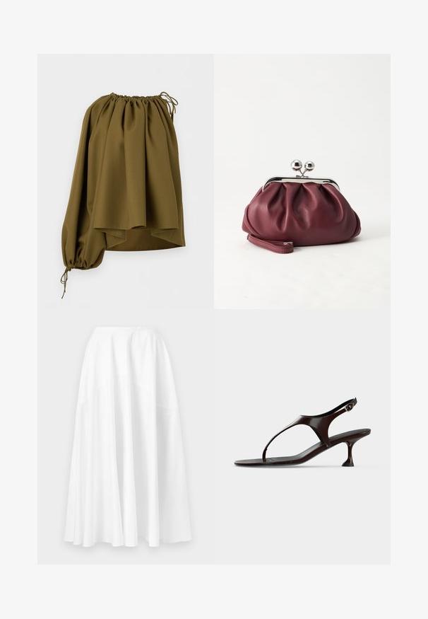 Blouse asymétrique vert olive à épaules dénudées avec encolure élastiquée et une seule manche longue serrée au poignet par un cordon.; Longue jupe blanche à taille haute avec un ourlet large et ample, présentée sur un fond uni.; Sandale slingback en cuir verni marron foncé avec petit talon et bride entre les orteils sur fond blanc.; Petit sac pochette en cuir bordeaux avec fermoir métallique argenté et bracelet sur fond blanc.