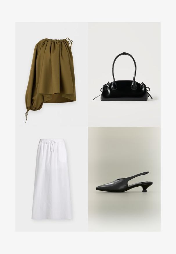 Blouse asymétrique vert olive à épaules dénudées avec encolure élastiquée et une seule manche longue serrée au poignet par un cordon.; Jupe blanche longueur cheville avec ceinture élastique et cordon à l'avant, en tissu léger avec une texture subtile.; Chaussure à bride arrière en cuir noir avec bout pointu et petit talon bas sur fond neutre.; Petit sac à main noir brillant avec deux longues anses et des détails à cordon sur les côtés sur un fond clair uni.