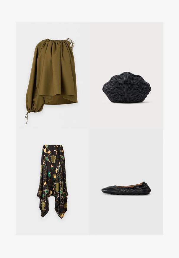 Blouse asymétrique vert olive à épaules dénudées avec encolure élastiquée et une seule manche longue serrée au poignet par un cordon.; Jupe asymétrique noire avec motifs floraux et cœurs verts, pêche et jaunes, dotée d'un ourlet fluide en forme de mouchoir.; Ballerines en cuir noir avec des détails froncés au col, bout rond et semelle en caoutchouc flexible. Texture lisse dans l'ensemble.; Sac à main en osier noir en forme de coquille Saint-Jacques avec un dessus courbé et une texture tressée sur un fond uni.