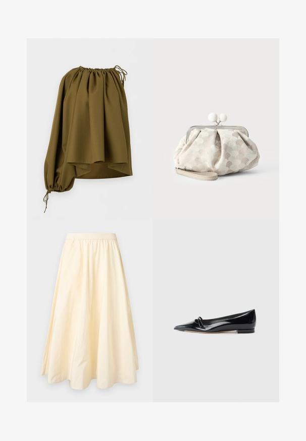 Blouse asymétrique vert olive à épaules dénudées avec encolure élastiquée et une seule manche longue serrée au poignet par un cordon.; Jupe longue de couleur crème avec une ceinture élastique et une large silhouette évasée en forme de A.; Chaussure plate en cuir verni noir avec un bout pointu, une petite lanière décorative et un petit talon carré. Texture lisse et design épuré.; Petit sac pochette beige avec tissu texturé à pois, cadre argenté, fermoir rond blanc et bracelet de poignet amovible sur fond uni.