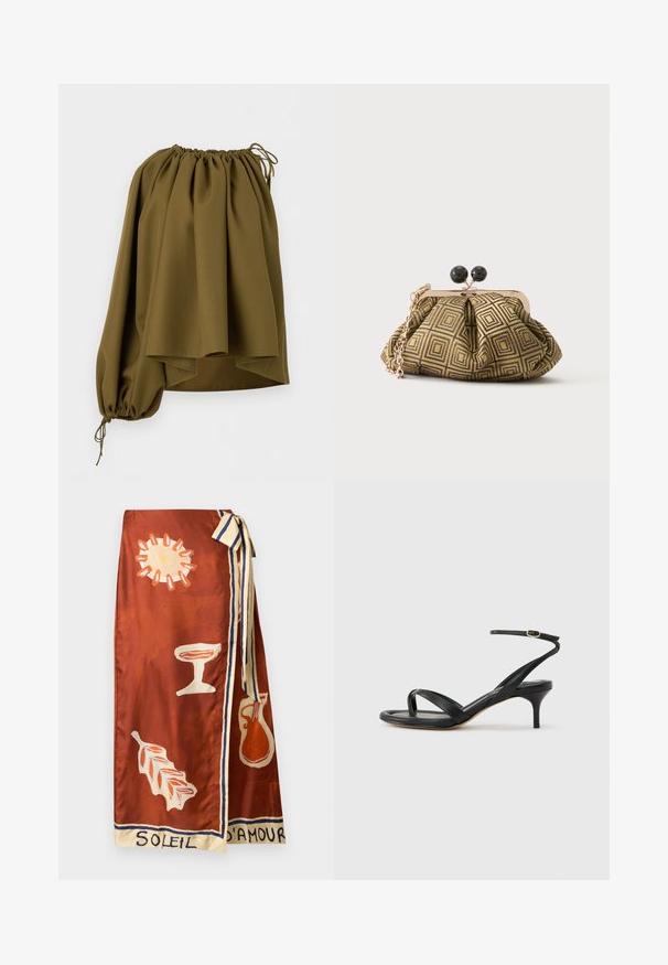 Blouse asymétrique vert olive à épaules dénudées avec encolure élastiquée et une seule manche longue serrée au poignet par un cordon.; Jupe portefeuille couleur rouille avec illustrations de soleil, feuille, calice et cruche, nouée avec une ceinture rayée crème et bleue, texte "Soleil d'Amour" à l'ourlet.; Sandale pour femme en cuir noir avec fines lanières, une boucle d'orteil, une boucle à la cheville et un talon aiguille de hauteur moyenne sur un fond neutre.; Petite pochette avec motif géométrique doré et noir, cadre en métal doré, fermeture à boule noire et une courte chaîne dorée.