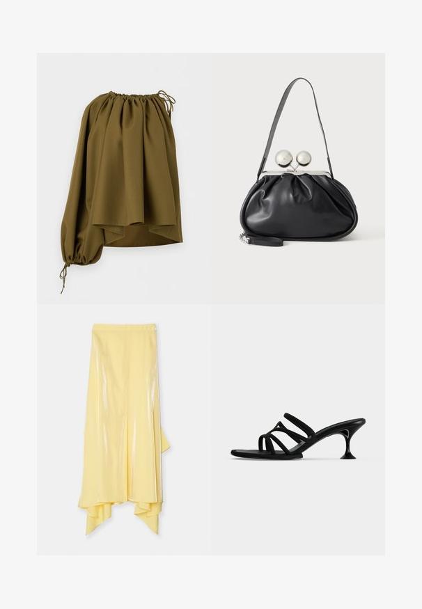 Blouse asymétrique vert olive à épaules dénudées avec encolure élastiquée et une seule manche longue serrée au poignet par un cordon.; Jupe midi jaune avec un ourlet asymétrique, fabriquée en tissu brillant et lisse. Elle présente une taille ajustée et une silhouette fluide.; Sandale mule noire à fines lanières avec quatre brides et un talon kitten évasé sur un fond clair uni.; Sac à main en cuir noir avec un design plissé, une sangle unique, un cadre métallique argenté et deux grandes fermoirs ronds en argent.