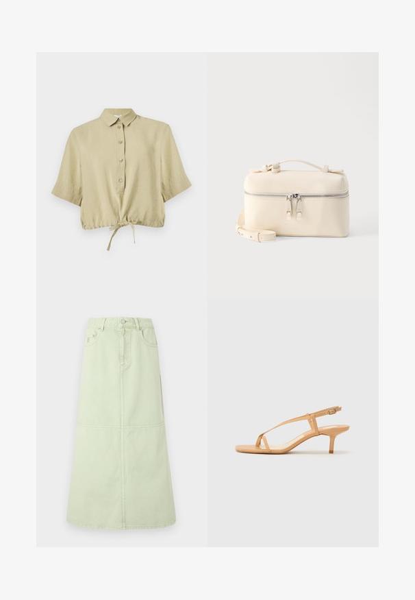 Chemisier court beige à manches courtes, avec col, patte de boutonnage et lien réglable à l'ourlet, présenté sur fond blanc.; Jupe midi trapèze en denim vert clair avec poches avant, bouton et fermeture éclair.; Sandales à talons nues avec brides, dotées d'une fine bride au niveau de la cheville, d'une surface lisse et d'un talon effilé de 5 cm. Design minimaliste avec un lit de pied plat.; Sac rectangulaire en cuir crème avec double fermeture éclair argentée, poignée supérieure et bandoulière réglable sur fond blanc uni.