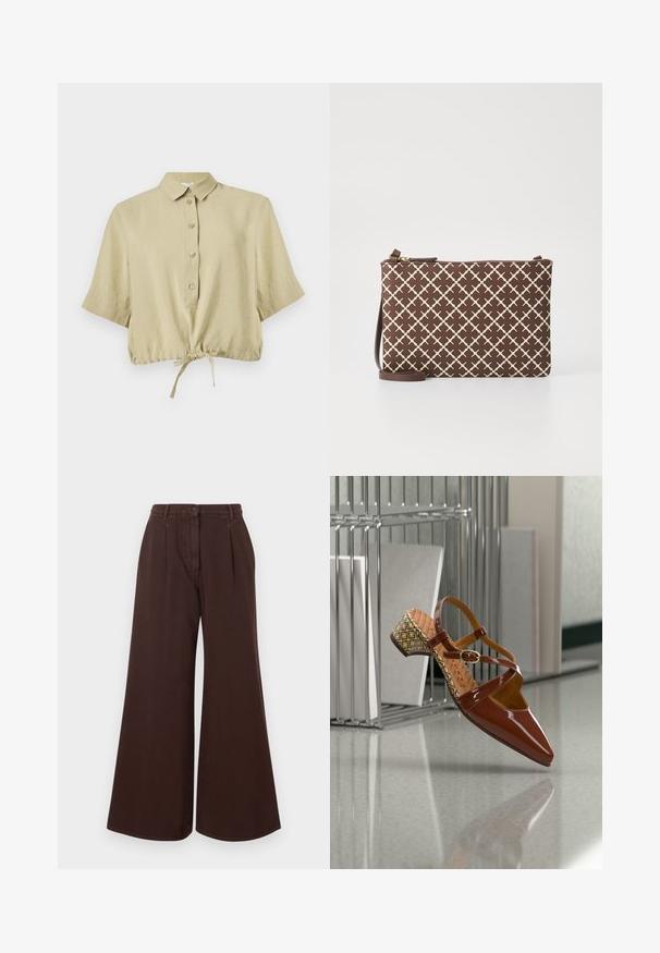 Chemisier court beige à manches courtes, avec col, patte de boutonnage et lien réglable à l'ourlet, présenté sur fond blanc.; Pantalons marron à taille haute et jambes larges avec fermeture à bouton et zipper, passants de ceinture et plis sur le devant.; Chaussure slingback en cuir verni marron brillant avec un bout pointu, des brides croisées et un talon bloc à motif avec des accents géométriques.; Pochette marron à motifs avec un design géométrique en beige clair, dotée d'une fermeture éclair et d'une bandoulière réglable marron.