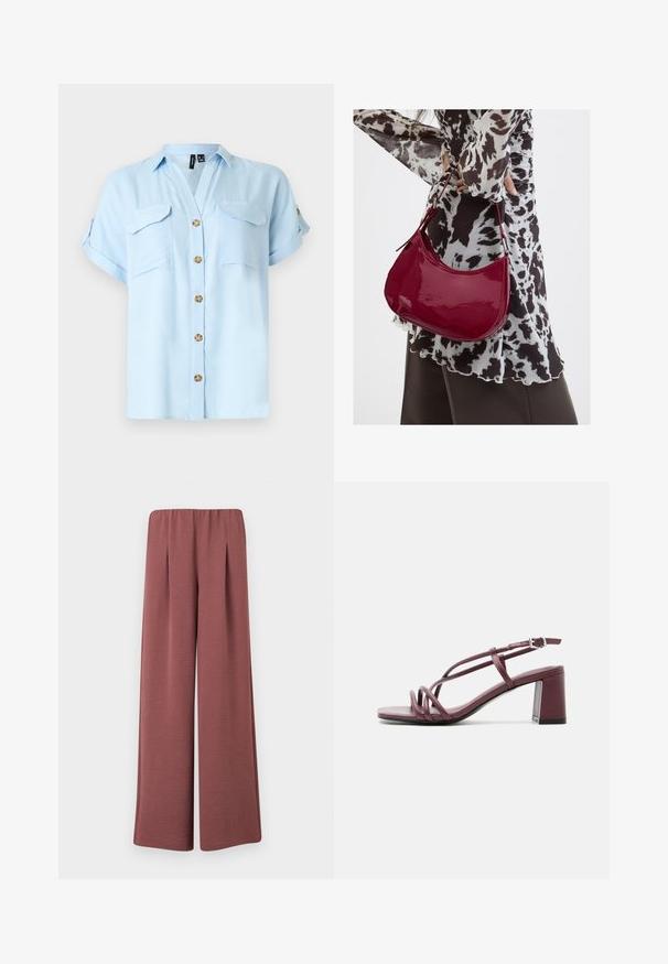 Chemise bleu clair à manches courtes avec boutons en bois, deux poches poitrine avant avec rabats, et manches retroussées avec pattes boutonnées.; Pantalon à jambes larges en tissu texturé rose poussiéreux avec une taille élastique et des plis à l'avant, présenté sur un fond uni.; Sandale ouverte en cuir violet avec talon bloc, fines lanières croisées et boucle réglable à la cheville sur fond blanc.; Femme portant un chemisier à motif noir et blanc tenant un sac à main rouge brillant sur un fond uni.