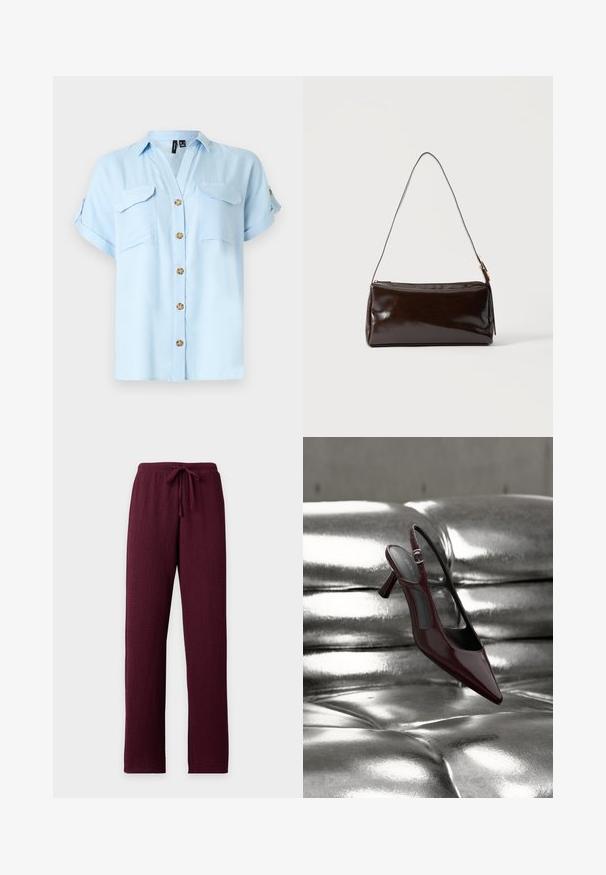 Chemise bleu clair à manches courtes avec boutons en bois, deux poches poitrine avant avec rabats, et manches retroussées avec pattes boutonnées.; Pantalon bordeaux texturé avec jambes droites et taille élastique munie d’un cordon de serrage assorti.; Escarpin slingback à talon haut, rouge foncé brillant avec bout pointu, présenté sur une surface en cuir argenté capitonné et brillant.; Sac à bandoulière rectangulaire en cuir marron foncé avec une seule sangle fine et une boucle dorée sur un fond uni.