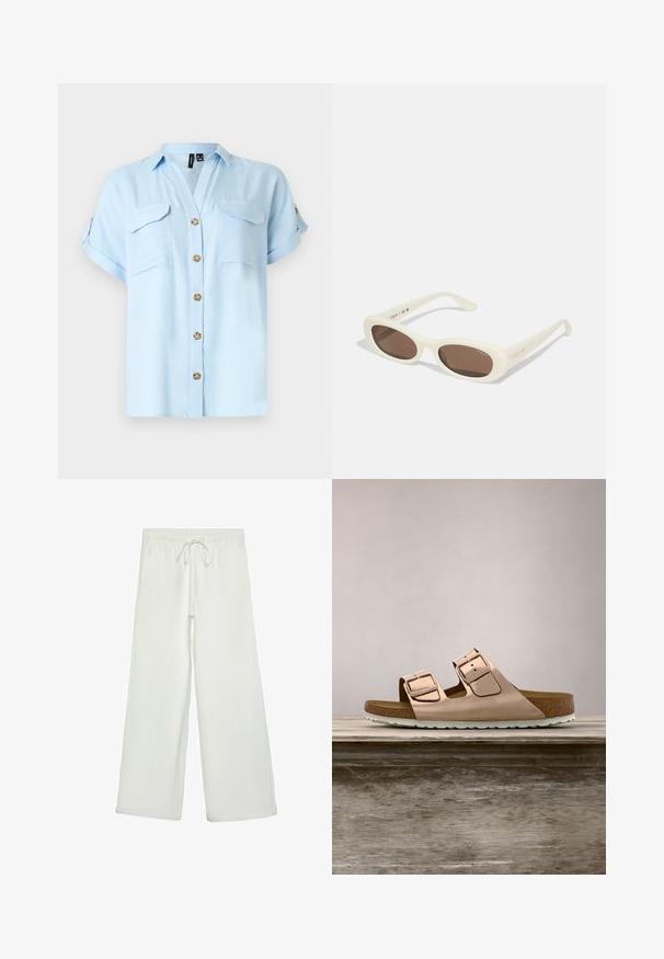 Chemise bleu clair à manches courtes avec boutons en bois, deux poches poitrine avant avec rabats, et manches retroussées avec pattes boutonnées.; Pantalons larges blancs en tissu doux. Dotés d'une taille élastique avec cordon de serrage et d'une texture lisse. Aucuns motifs visibles ni éléments en métal.; Sandales à glissière en or rose avec deux boucles en métal ajustables, semelle en liège et semelle en caoutchouc blanche. Fini métallique lisse, design ouvert. ; Lunettes de soleil crème avec des verres en forme ovale, teintés de brun, dotées d'une finition brillante et d'un discret logo "Vogue" sur le côté.