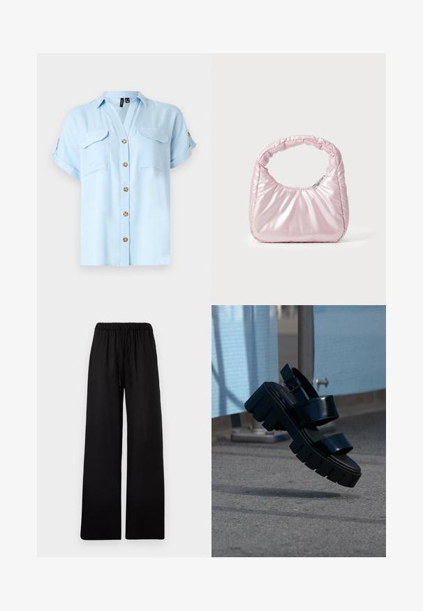 Chemise bleu clair à manches courtes avec boutons en bois, deux poches poitrine avant avec rabats, et manches retroussées avec pattes boutonnées.; Pantalon noir à jambes larges avec taille élastique et cordon, présenté à plat sur un fond gris clair.; Sandale plateforme noire épaisse avec deux brides et une boucle, suspendue en l'air au-dessus d'un sol en béton gris et d'un fond en tissu bleu.; Sac à main rose rembourré avec un design arrondi, fabriqué à partir d'un matériau brillant. Dispose d'une poignée froncée et d'une fermeture éclair pour un accès sécurisé.