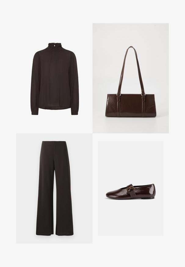 Blouse noire avec un col montant à volants, des manches longues et un détail plissé sur le devant. Fabriquée en tissu léger et texturé.; Pantalons larges noirs en tissu lisse et extensible. Ils présentent une taille haute et un design épuré et minimaliste sans fermetures visibles.; Chaussure plate en cuir verni marron foncé avec une large bride à boucle dorée et un bout arrondi, présentée de profil sur fond blanc.; Sac à main en cuir verni marron de forme rectangulaire, avec deux longues poignées et des accents courbés subtils à l'avant.