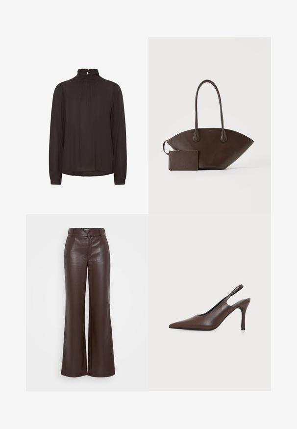 Blouse noire avec un col montant à volants, des manches longues et un détail plissé sur le devant. Fabriquée en tissu léger et texturé.; ONLY Tall ONLSMOOTH WIDE - Pantalon classique - seal brown; Chaussure à talon haut slingback en cuir marron à bout pointu avec talon stiletto fin sur fond clair uni.; Sac à main en cuir marron foncé avec longues poignées et petite pochette assortie zippée sur un fond clair uni.
