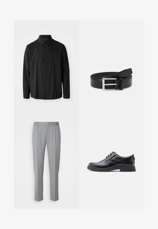 MustHave must have black long-sleeve shirt, made of lightweight fabric. Features a button-up front, pointed collar, and discreet brand logo on the chest.; Halli kohandatud püksid sujuva tekstuuriga, millel on lame eesosa, sirged sääred ja õrnad voldid lisadeatiks.; Mustad nahast paeltega kingad, millel on sile tekstuur, ümar nina ja peen õmblusdetail. Kandjal on punane tõmblint kandlas.; Must must nahkrihm läikiva viimistlusega; sellel on hõbedane metallist pandla, millel on ristkülikukujuline raam ja siledad servad.