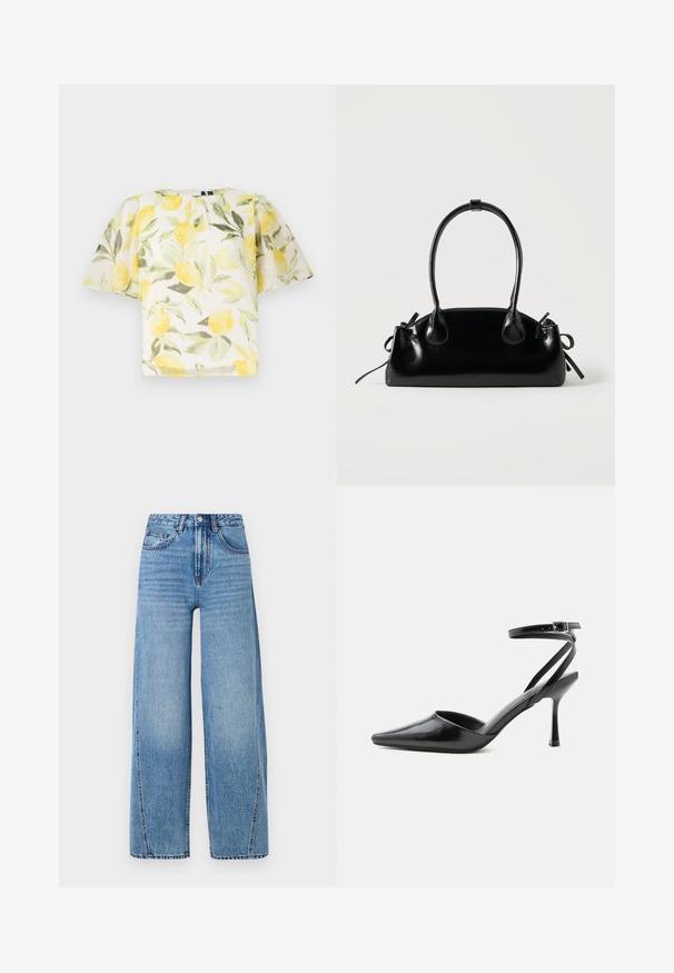 Blusa blanca de manga corta con un patrón de limones y hojas. Tela ligera, ligeramente transparente, con un escote redondeado y un corte holgado.; Jeans de mezclilla de tiro alto, de pierna ancha y color azul claro, con bolsillos frontales, trabillas para cinturón, cierre con botón y costuras visibles.; Zapato de tacón alto negro de punta fina con delgadas correas en el tobillo y cierre de hebilla plateada sobre un fondo liso claro.; Pequeño bolso negro brillante con dos asas largas y detalles de cordón lateral sobre un fondo claro liso.