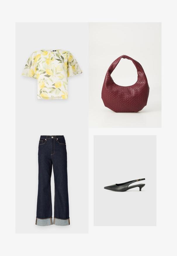 Blusa blanca de manga corta con un patrón de limones y hojas. Tela ligera, ligeramente transparente, con un escote redondeado y un corte holgado.; Jeans de mezclilla oscura de pierna ancha con dobladillo sin terminar, costuras naranjas en contraste y dos bolsillos delanteros; los puños enrollados revelan mezclilla más clara debajo.; Zapato de tacón slingback negro de punta afilada, hecho de cuero suave. Presenta un tacón delgado y un detalle de hebilla en la correa ajustable.; Bolso de mano burdeos tejido con una silueta redondeada, un solo asa y un acabado texturizado. Cierre con cremallera en la parte superior.
