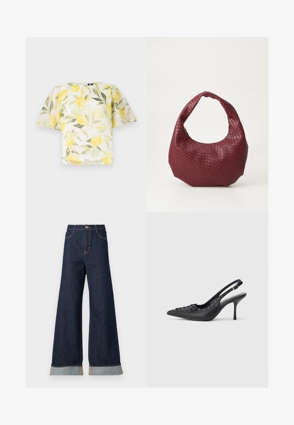 Blouse blanche à manches courtes avec un motif de citrons et de feuilles. Tissu léger, légèrement transparent, avec un col rond et une coupe ample.; Jean en denim foncé à jambes larges avec des coutures orange, présentant une taille haute, deux poches avant et des ourlets retroussés mettant en valeur un tissu contrastant bleu clair.; Escarpin en cuir noir à talon aiguille avec un bout pointu, une bride latérale à boucle, des clous le long du bord et un laçage décoratif à l'avant.; Sac à main tissé bordeaux avec une silhouette arrondie, une seule poignée et une finition texturée. Fermeture zippée en haut.