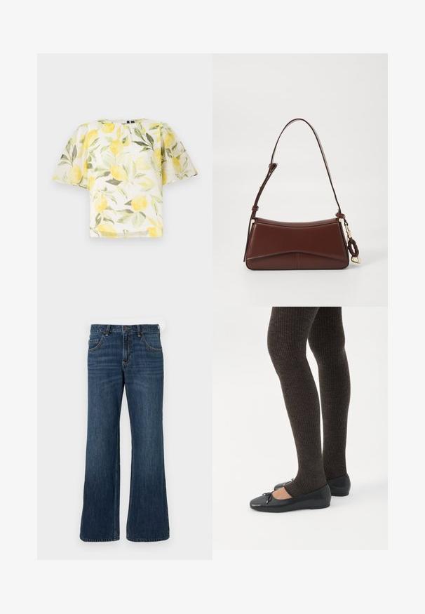 Blusa blanca de manga corta con un patrón de limones y hojas. Tela ligera, ligeramente transparente, con un escote redondeado y un corte holgado.; Vaqueros de pierna ancha en azul oscuro con diseño clásico de cinco bolsillos, cierre de botón y sutil desgaste. Fabricados con tejido denim.; Piernas con leggings oscuros acanalados combinados con bailarinas negras que presentan pequeños detalles de lazo sobre un fondo blanco.; Bolso de cuero marrón con una silueta curvada, una sola correa y herrajes dorados. Cuenta con un acento trenzado y una textura suave y mate.