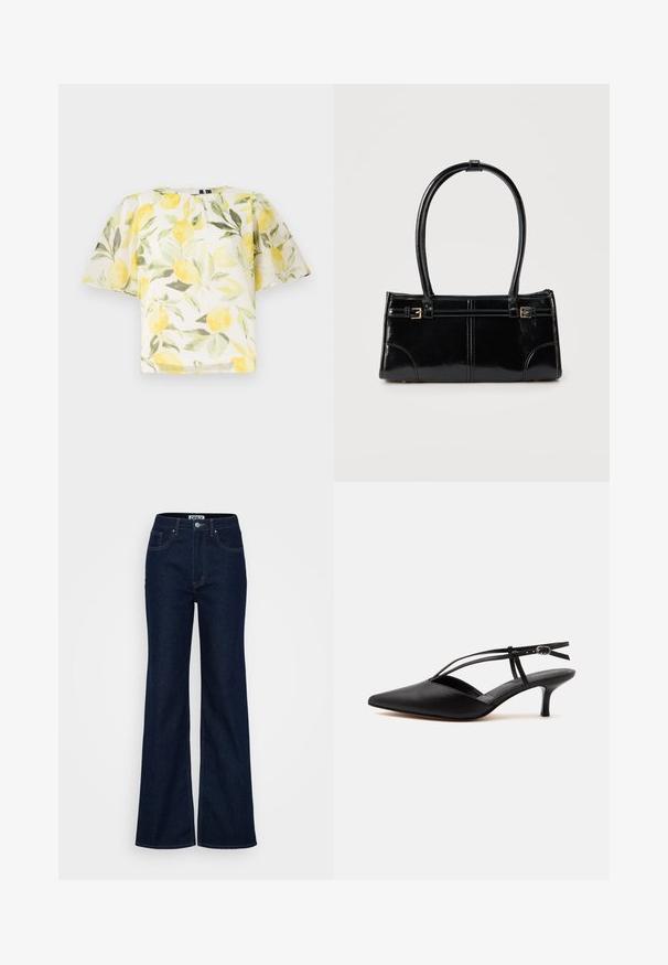 Witte blouse met korte mouwen met een patroon van citroenen en bladeren. Lichtgewicht, licht doorzichtig materiaal met een ronde halslijn en een losse pasvorm.; ONLY Tall ONLJUICY WIDE RINSE - Wide leg - dark blue denim; Zwarte leren pumps met spits toelopende neus, kittenheel met dunne enkelriem en gesp, slingback ontwerp, op een effen lichte achtergrond.; Glanzend zwart rechthoekig handtasje met twee dunne schouderbanden en kleine gouden gespsdetails aan de voorkant.