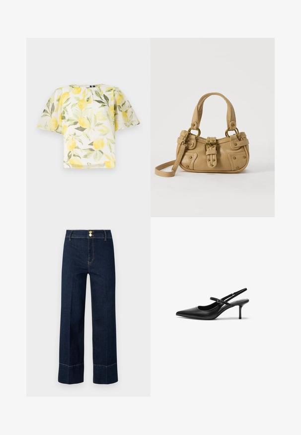 Hvid kortærmet bluse med citron- og bladmønster. Letvægts, let gennemsigtigt stof med rund halsudskæring og løs pasform.; Mørkeblå højtaljede brede jeans med dobbelte guldknapper og synlig orange syning på en lys baggrund.; Sorte læder slingback hæle med spids tå, slank justerbar rem og en stiletto hæl på cirka 5 cm, glat tekstur.; Beige læderhåndtaske med dobbelte håndtag, messing spænde og nitte detaljer samt en justerbar skulderrem mod en hvid baggrund.